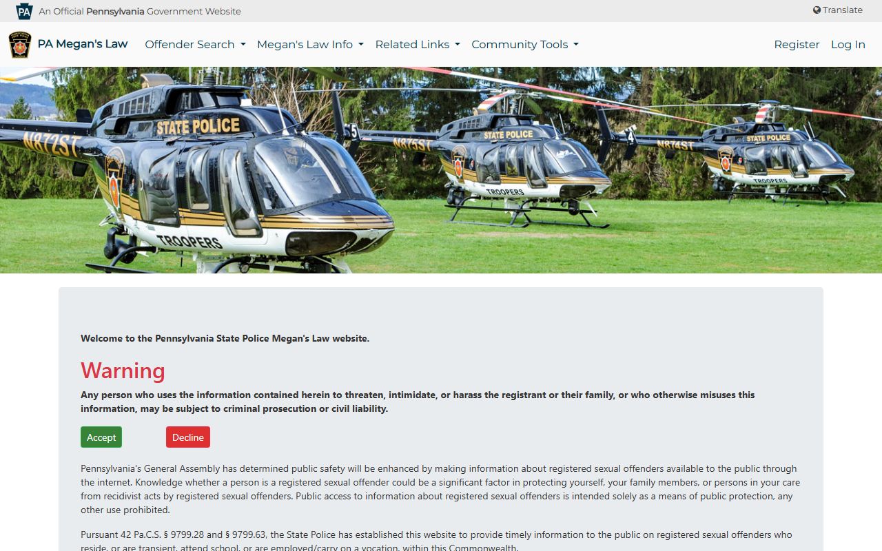 Cameron County arrest records and court charges Pennsylvania Megan's Law registry source