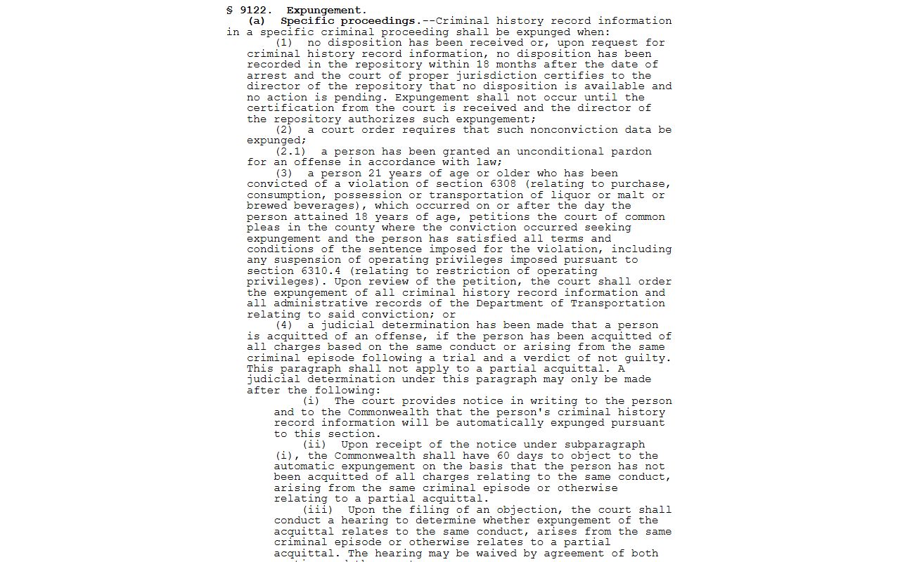 Cameron County criminal court records Pennsylvania expungement statute source